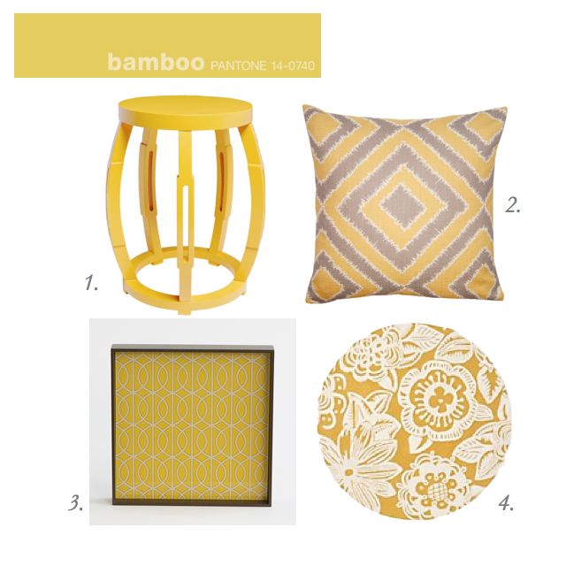 Bungalow 5 table, Square Feathers Pillow, Anthropologie Rug, Global Views Tray, Yellow, Pantone Bamboo 