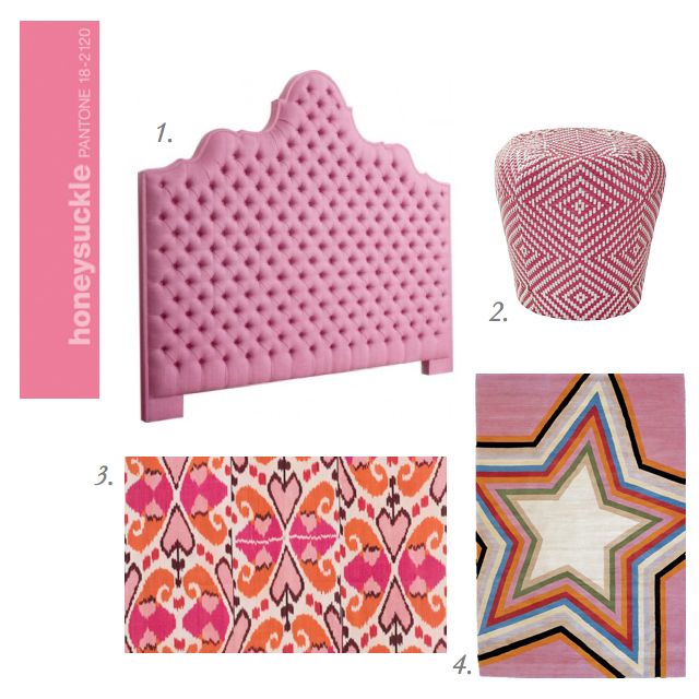 Serena & Lily Stool, Pink Headboard, Rug Company Rug, Star Rug, Ikat fabrics, Hot pink