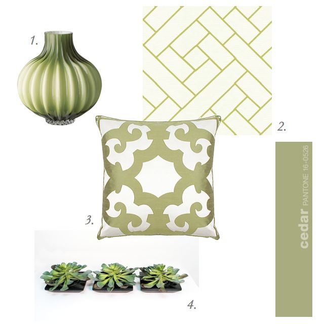 Cedar pantone color, Z Gallerie Pillow, Green Vase, Succulents, Lattice Fabric, 