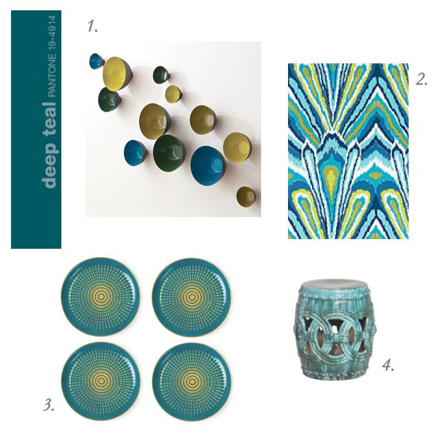 Deep Teal, Peacock, Pantone Color Trends, Emissary garden Stool, Jonathan Adler Coasters, Retro Coasters, Trina Turk Ikat fabric, Schumacher Fabrics, Global Views wall sculptures