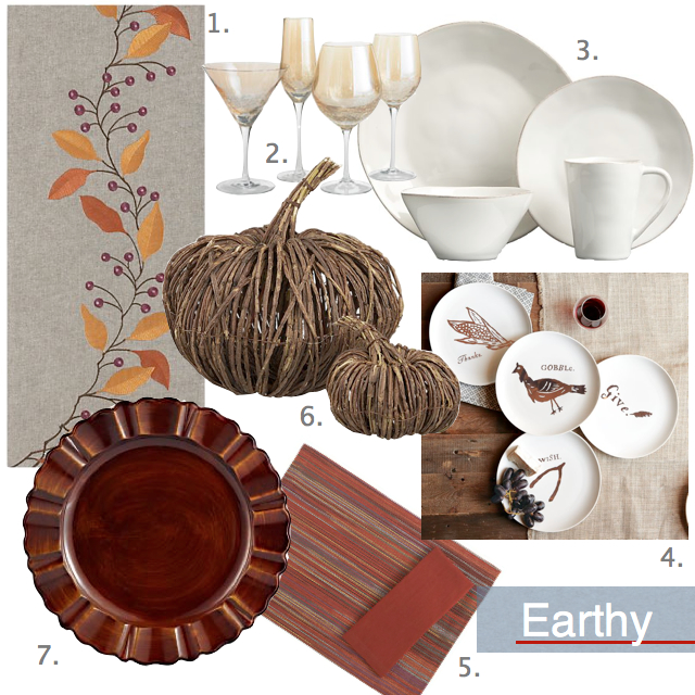 Earthy Table Top Setting, Pier One Carved Wooden Charger plate, White Dinnerware, Pier One Amber Stemware, Crate & Barrel vine pumpkins, West Elm, Thanksgiving dessert plates, Autumn Table Runner