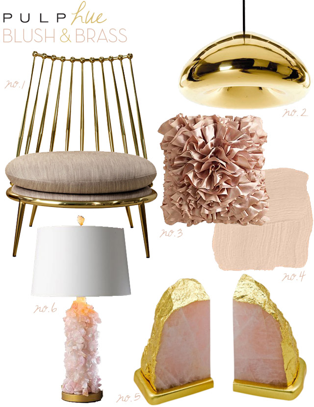 brass modern chair, brass modern lighting, pink ruffle pillow, blush paint color, pink quartz bookends, quartzite lamp pink